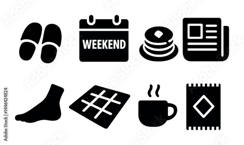 Relaxation and comfort solid icons set – silhouette style cozy weekend, leisure, and home activity symbols: slippers, calendar, pancakes, newspaper, foot, rug, coffee, blanket.