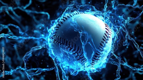Wallpaper Mural A baseball engulfed in vibrant blue energy, appearing to be on fire or electrified, with dark background Torontodigital.ca