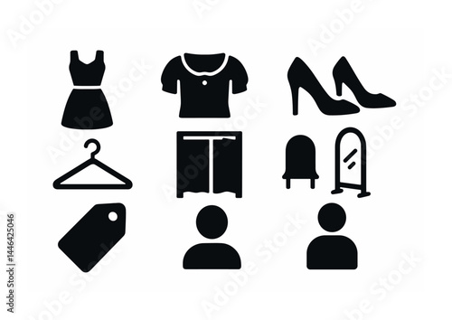 Fashion and clothing solid icons set – silhouette style apparel, accessories, and shopping symbols for retail design: dress, hanger, high heels, fitting room, price tag, mirror, shirt, user.