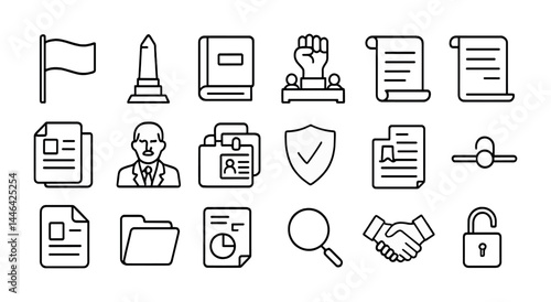 Law and justice outline icons set – linear style legal, contract, and court symbols for legal services: flag, monument, book, gavel, contract, id card, shield, lock.