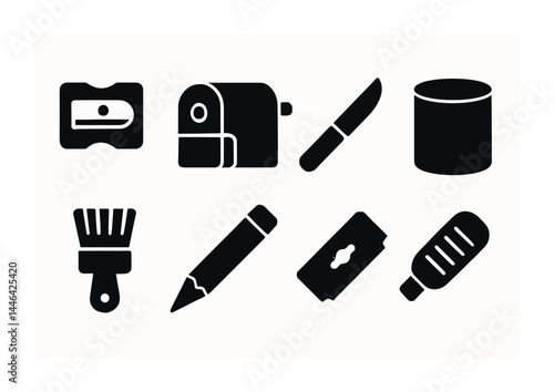 Art and craft tools icon set – solid style creative, diy, and design symbols for artistic projects: sharpener, pencil, brush, knife, razor blade, paint tube, can, eraser.