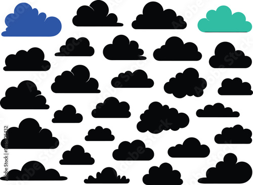 set of black vector clouds icons, symbols and illustrations related to weather
