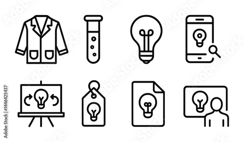 Science and innovation linear icons set – outline style laboratory, research, and technology symbols for education: lab coat, test tube, light bulb, smartphone, presentation, tag, document, lecture.