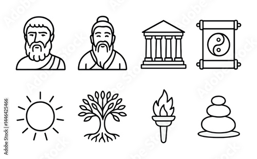 Ancient philosophy icon set – outline style symbols for culture, history, wisdom: philosopher, temple, scroll, sun, tree, torch, zen stones
