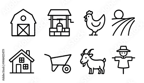 Rural farming outline icon set – linear style agriculture, countryside, and livestock symbols for eco-friendly designs: barn, well, chicken, field, house, wheelbarrow, goat, scarecrow.