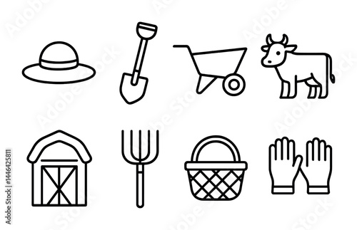 Farm life outline icons collection – linear style agriculture, rural living, and harvest symbols: barn, cow, shovel, wheelbarrow, sun hat, pitchfork, basket, gloves.