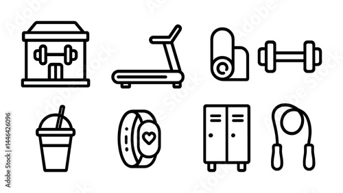 Fitness and gym outline icons set – linear style health, exercise, and workout symbols for active lifestyle: gym, treadmill, yoga mat, dumbbell, smoothie, fitness tracker, locker, jump rope.
