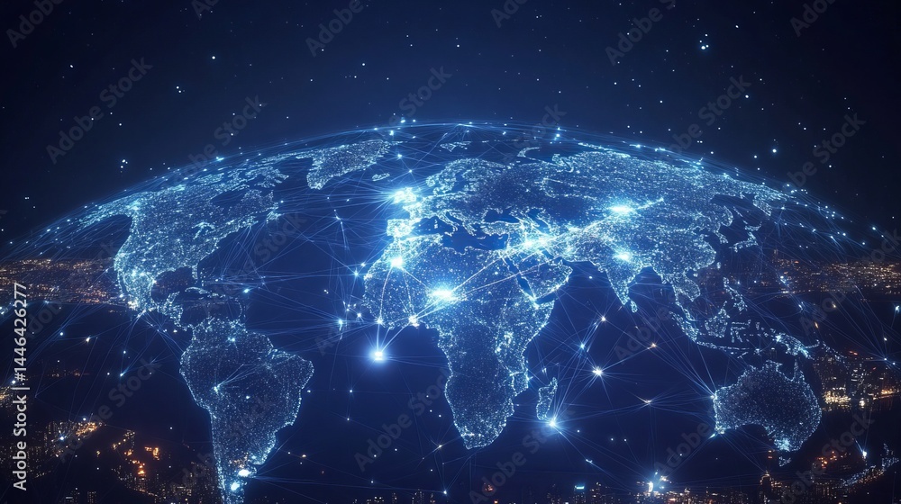 Obraz premium Global Network Connections Illuminating the World Map at Night