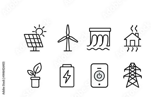 Renewable energy outline icon set – eco-friendly, sustainable power, green technology symbols: solar panel, wind turbine, hydro dam, eco home, plant, battery, smart meter, power line.