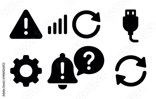 Essential system notification icons set – solid style alerts, updates, connectivity symbols for ui design: warning, sync, usb, signal, gear, notification, help.
