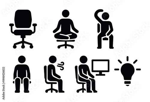 Office ergonomics solid icons set – silhouette style workplace comfort and health symbols: office chair, meditation, stretching, breathing exercises, computer posture, lightbulb.