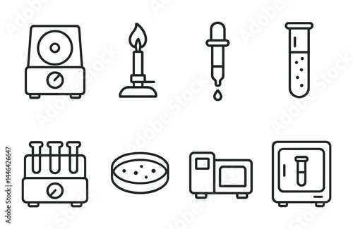 Laboratory equipment outline icons set – line style scientific, chemistry, and research symbols for lab use: centrifuge, bunsen burner, pipette, test tube, incubator