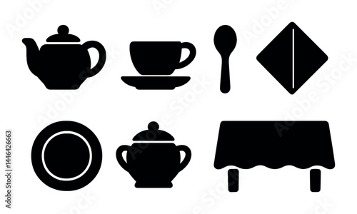 Elegant dining room silhouette icons – solid style hospitality, tableware, and restaurant symbols for culinary design: teapot, cup, spoon, napkin, plate, sugar bowl, table.