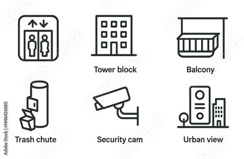Urban infrastructure linear icons – outline style for cityscape, architecture, and building elements: elevator, tower block, balcony, trash chute, security cam, urban view