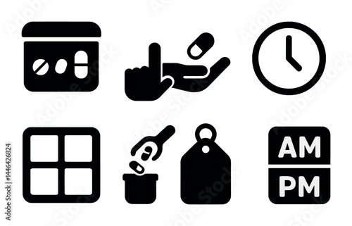 Daily medication management solid icons set – filled style for health, pharmacy, and routine symbols: pill organizer, hand with pills, clock, dosage schedule, am/pm