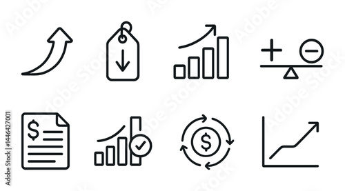 Business growth and analytics icon set – outline style financial, marketing, and planning symbols for success: upward arrow, price tag, bar chart, balance, budget sheet, cycle, trend.