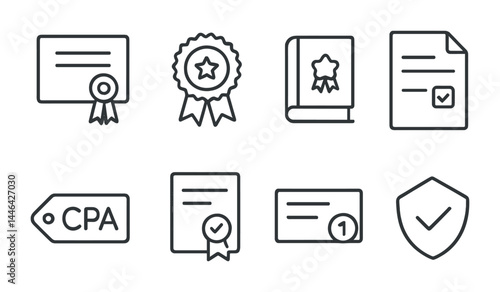 Achievements and certification icons set - outline style for credential and recognition designs: diploma, medal, certified book, agreement, cpa tag, shield