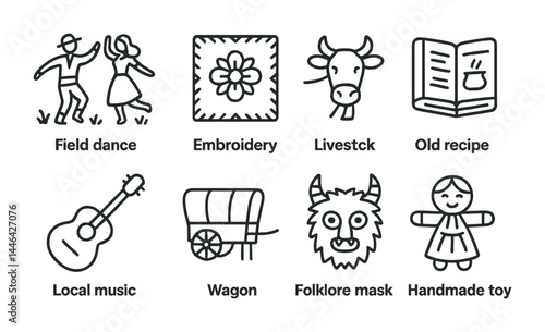 Traditional culture outline icons set – folk art, heritage, and rural life symbols for cultural exploration: field dance, embroidery, livestock, old recipe, local music