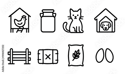 Farm animal and agriculture icon set – outline style for farming, barnyard, and homestead designs: chicken coop, milk jug, cat, dog house, fence, hay bale, grain sack, eggs.