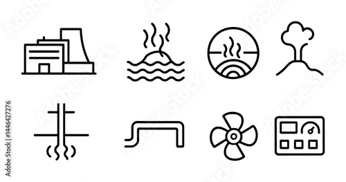 Geothermal energy outline icons set – linear renewable power, sustainable development, and green technology symbols: power plant, hot spring, geothermal well, volcano, turbine, control panel.