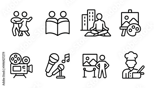 Art and culture outline icons set – line style creativity, education, and wellness symbols for lifestyle enhancement: dance, reading, meditation, painting, cinema, music, photography, cooking.