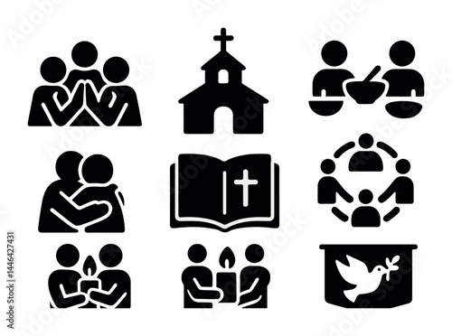 Christian community solid icons set – filled style religious, faith, and worship symbols for church projects: prayer, church building, fellowship, bible, communion, peace, candle.