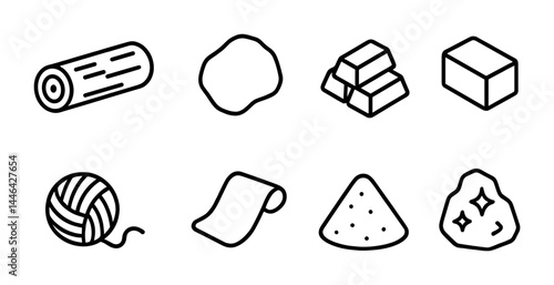 Basic materials icons set – outline style resource, raw material, and manufacturing symbols: log, clay, metal bars, brick, yarn, fabric roll, sand, stone