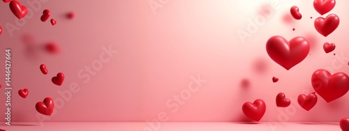 a pink room with many red hearts flying out of it