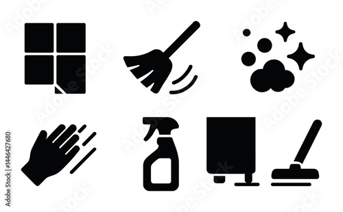 Cleaning essentials solid icons set – silhouette style for home, office, and maintenance needs: broom, spray bottle, mop, hand wash, sparkling clean, trash bin.