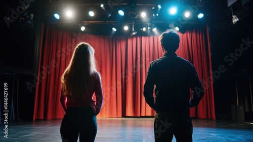 Two figures await the curtain's rise on a theatrical stage. photo