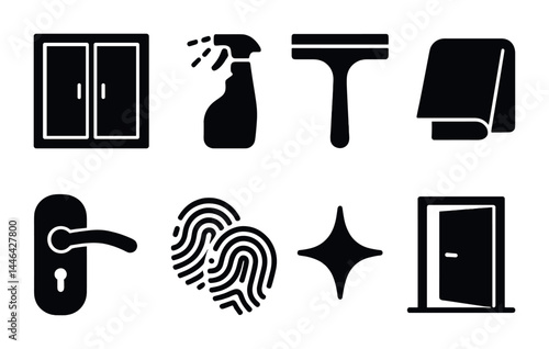 Cleaning essentials solid icons set – flat style hygiene, sanitation, and maintenance symbols: window, spray bottle, squeegee, towel, door handle, fingerprint, sparkle, open door.