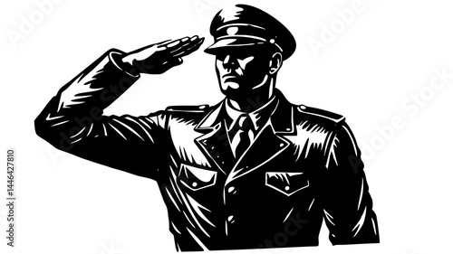 Minimalist figure of a soldier saluting, in monochrome