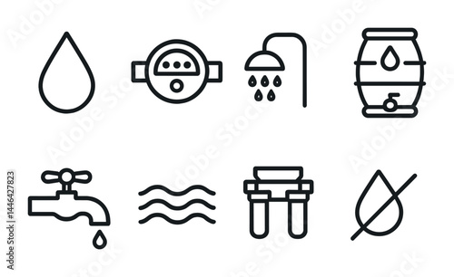 Water conservation outline icons set – linear style symbols for eco-friendly practices: water drop, meter, shower, barrel, faucet, waves, water filter, no water