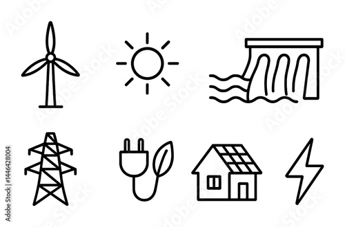 Renewable energy icons set – outline style sustainable power and eco technology symbols: wind turbine, solar panel, hydroelectric dam, power line, plug, green home, lightning bolt