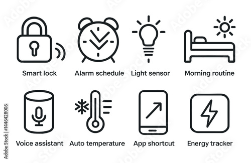 Smart home linear icons set – outline style connected living, automation, energy efficiency symbols: smart lock, alarm schedule, light sensor, morning routine, voice assistant, auto temperature, app