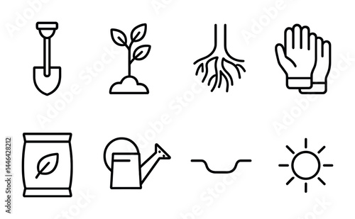 Gardening tools outline icon set – linear style planting, landscaping, and cultivation symbols: shovel, seedling, roots, gloves, fertilizer bag, watering can, soil, sun.