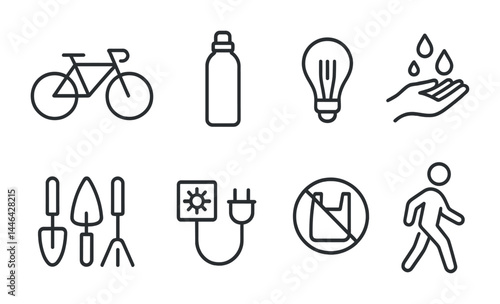 Eco-friendly lifestyle icon set – linear style sustainability, conservation, and green living symbols: bicycle, reusable bottle, light bulb, hand with water drops, garden tools, solar panel, no
