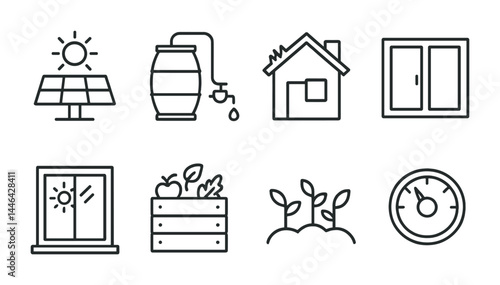 Eco-friendly home living outline icons – linear style sustainability, green energy, and organic gardening symbols: solar panel, rain barrel, house, window, garden, plants, timer.