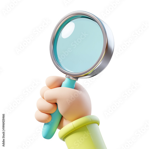 3D illustration of a cartoon hand gripping magnifying glass search symbol for business or science on transparent  background