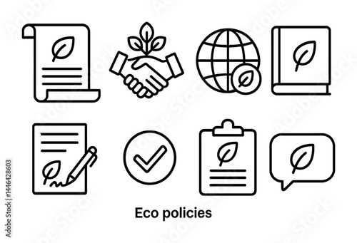 Eco policies icon set - outline style for sustainability, environmental conservation, and green initiatives: document, handshake, globe, book, checklist, speech bubble