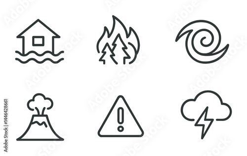 Natural disaster outline icons – linear emergency, weather, and hazard symbols for safety planning: flood, wildfire, hurricane, volcano, warning, thunderstorm.