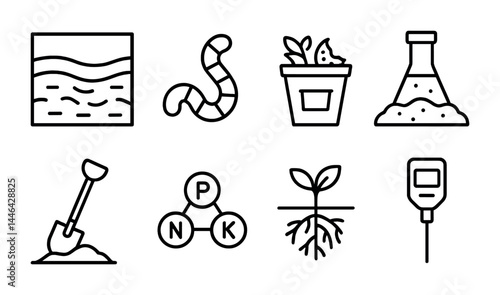 Gardening and soil testing outline icons set – line style agriculture, horticulture, and farming symbols: soil sample, earthworm, planter, beaker, shovel, fertilizer, seedling.