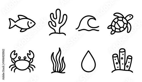 Marine life icons set – outline style ocean, wildlife, and nature symbols for environmental design: fish, coral, wave, turtle, crab, seaweed, water drop, sponge.