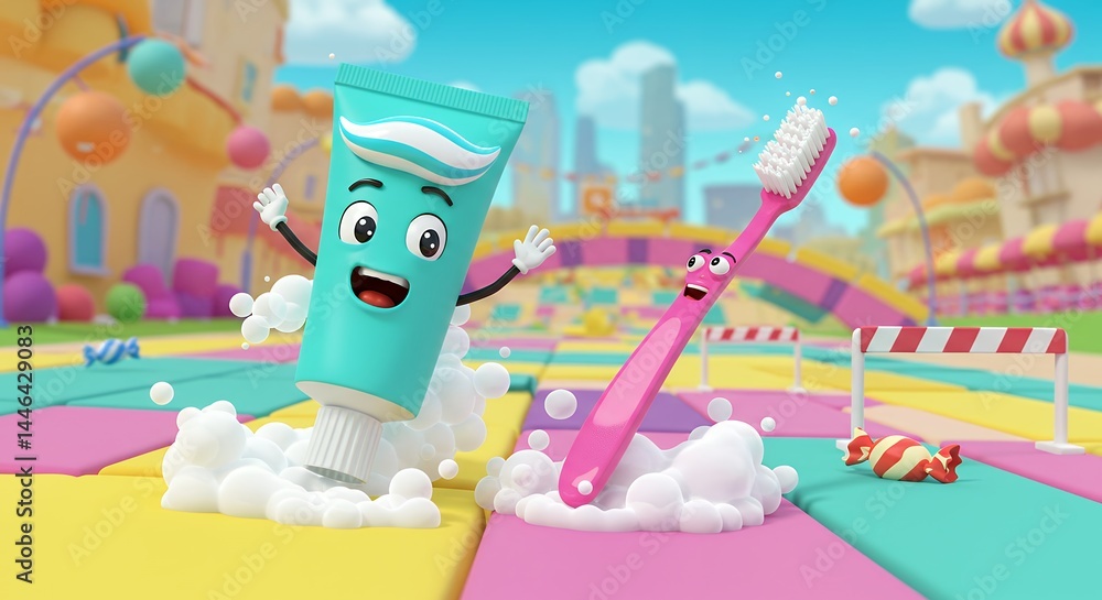 Obraz premium Cartoon illustration of smiling toothpaste and toothbrush with city background