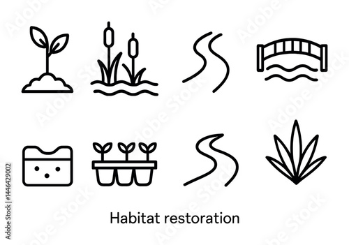 Environmental conservation outline icons set – linear style habitat restoration, sustainability, and ecology symbols: sapling, reeds, stream, bridge, soil, seedlings, grass.