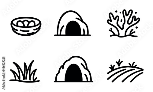 Animal habitat outline icons – 2d wildlife, nature, and environment symbols for ecology projects: nest, cave, coral, grass, burrow, field.