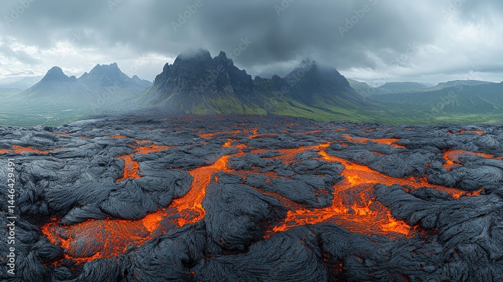 Naklejka premium Fiery rivers flow through volcanic terrain