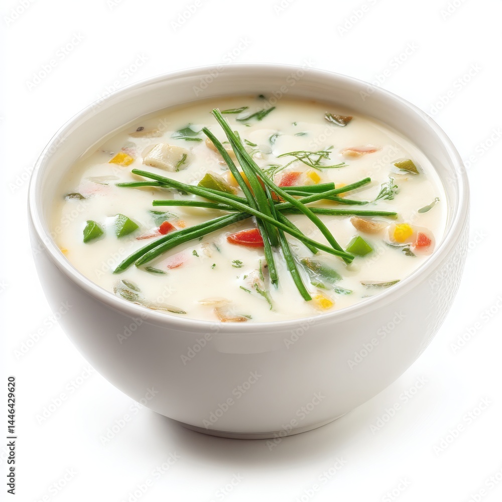 Close-up of a bowl of creamy soup with vegetables and chives on a white background. bowl of vegetable soup Close-up of a bowl of creamy soup with vegetables and chives on a white background. bowl of vegetable soup