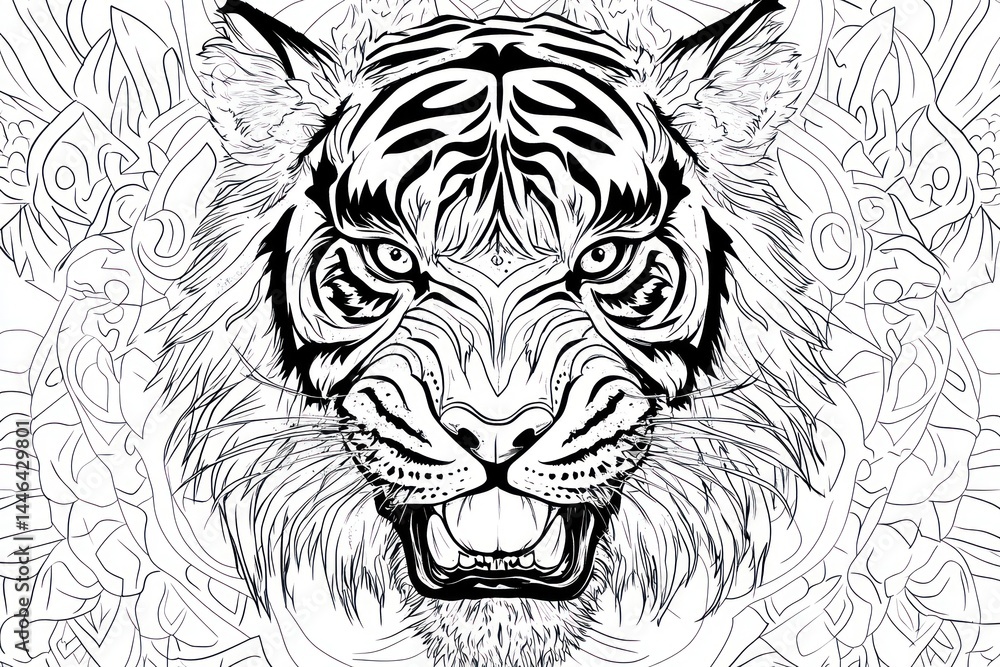 Obraz premium Close-up black and white tiger head, fierce expression, intricate details, decorative background