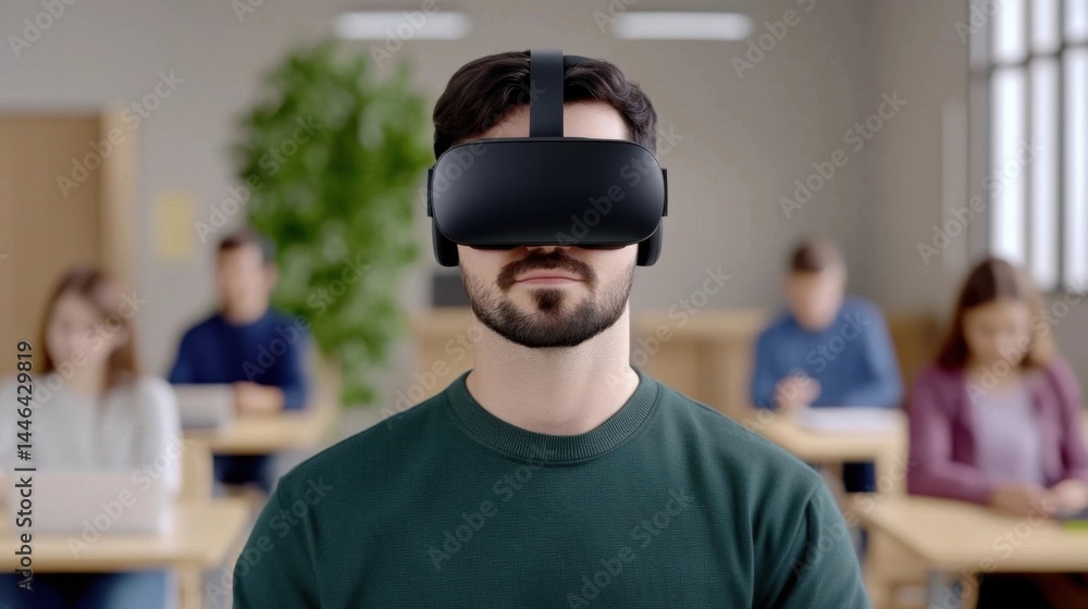 A bearded man wearing VR headset in a classroom, with blurred students in the background. A bearded man wearing VR headset in a classroom, with blurred students in the background.
